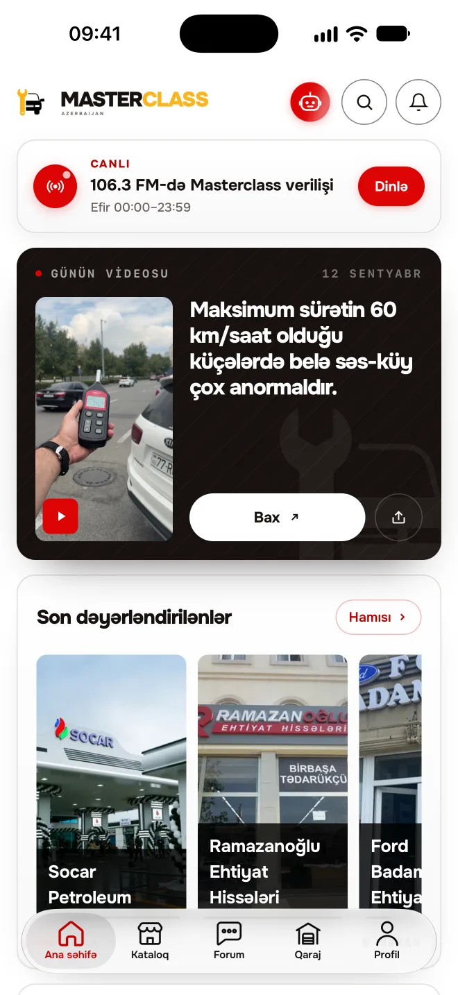 Masterclass tətbiqinin ana səhifəsi